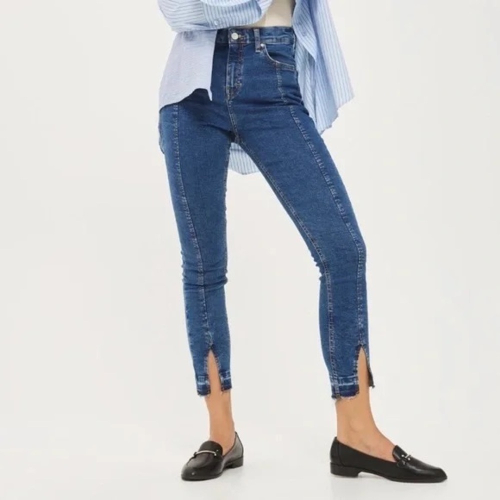 Topshop Jamie Skinny Jeans High Rise Ankle Crop Split Raw Hem Front Seam Blue 26